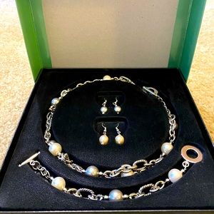 Marshall Field Boxed Set - Silver Toned Faux Pearl Necklace, Bracelet, Earrings